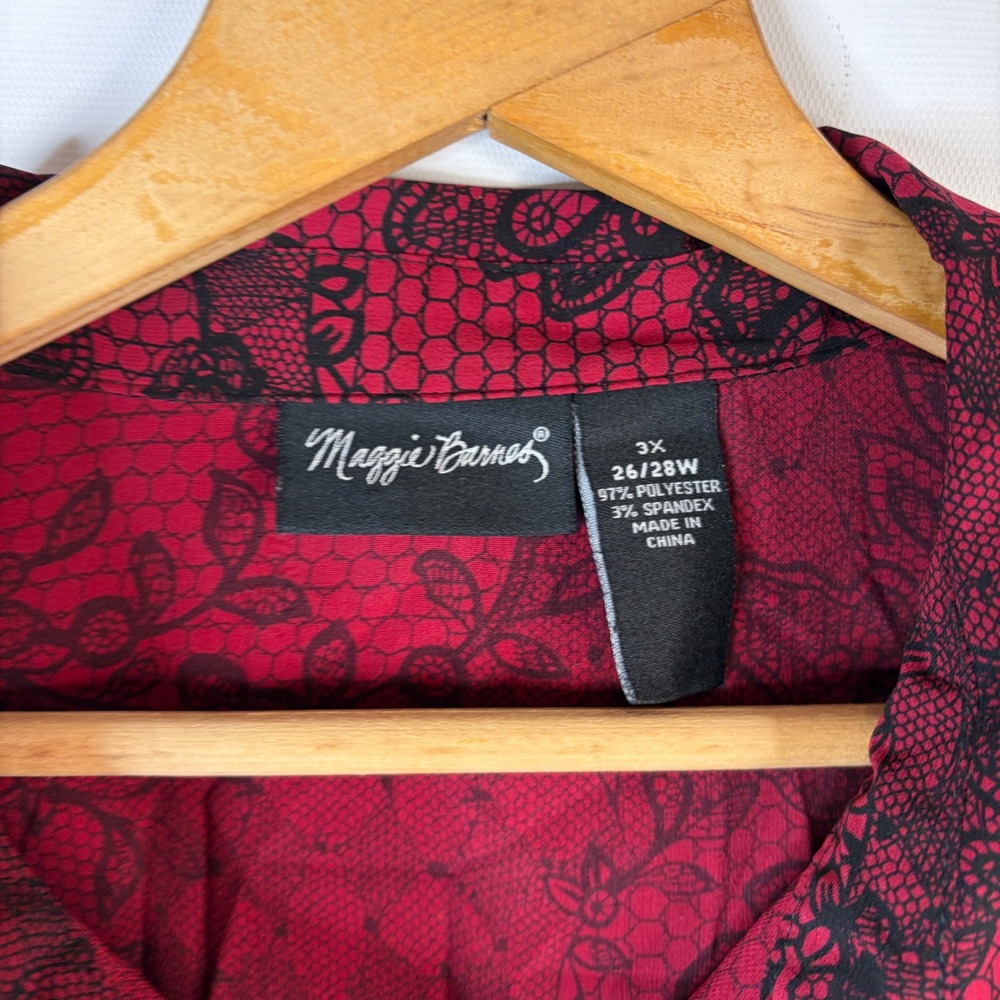 Maggie Barnes Blouse Women 3X Red Black Floral Lace Print Button Front 3/4 Slv - Picture 2 of 7